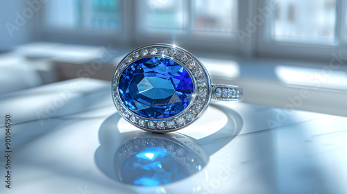 A blue sapphire is displayed on a white surface high res Neelam stone, Beautiful ring photo