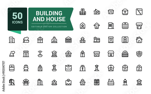 Set of building and house icons. Line icon for web and ui design. Thin linear style icons Pack. Vector Illustration