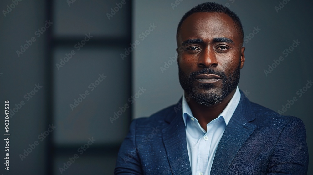 Confident Gaze: A portrait of a successful businessman with a determined look, exuding confidence and professionalism. He is dressed in a navy blue suit with a crisp white shirt, his arms crossed, and Confident Gaze: A portrait of a successful businessman with a determined look, exuding confidence and professionalism. He is dressed in a navy blue suit with a crisp white shirt, his arms crossed, and