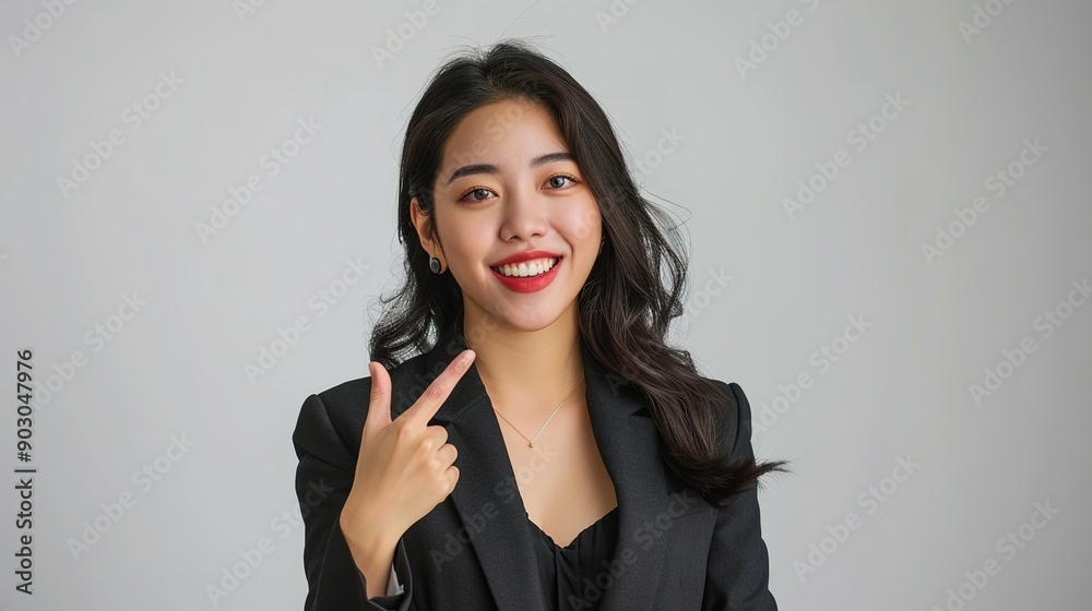 Fototapeta premium Happy young Asian business woman in blazer pointing finger up isolated on white background