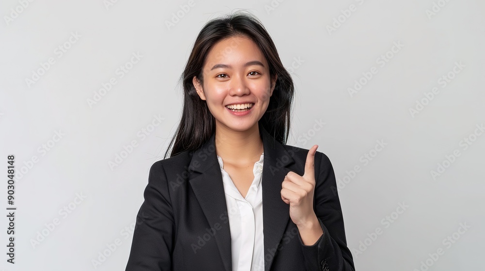 Happy young Asian business woman in blazer pointing finger up isolated on white background Happy young Asian business woman in blazer pointing finger up isolated on white background
