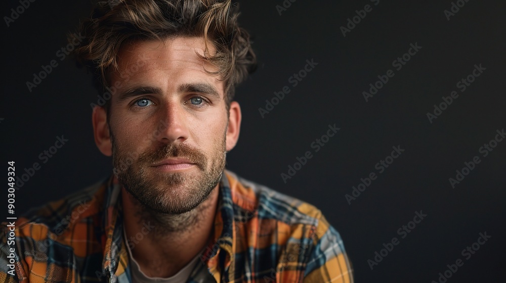 Intense Gaze: A young man with a ruggedly handsome face, wearing a plaid shirt, stares intently at the camera. Intense Gaze: A young man with a ruggedly handsome face, wearing a plaid shirt, stares intently at the camera.