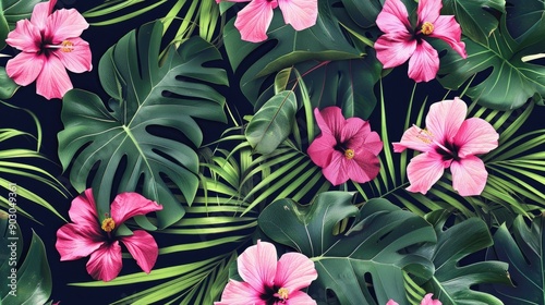 A vibrant pattern of pink hibiscus flowers and green palm leaves  © NAK