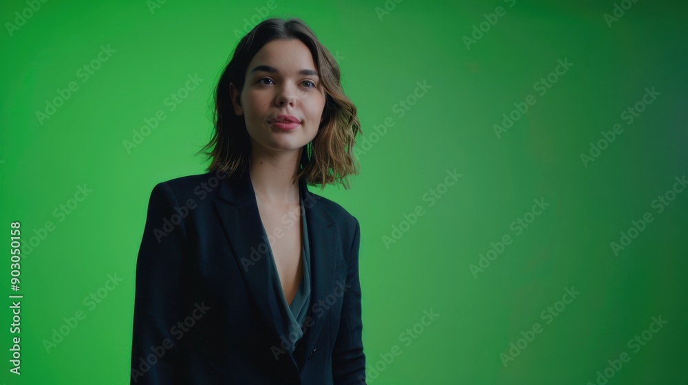 Fototapeta premium A presenter standing in front of a green screen background, ready for video production.