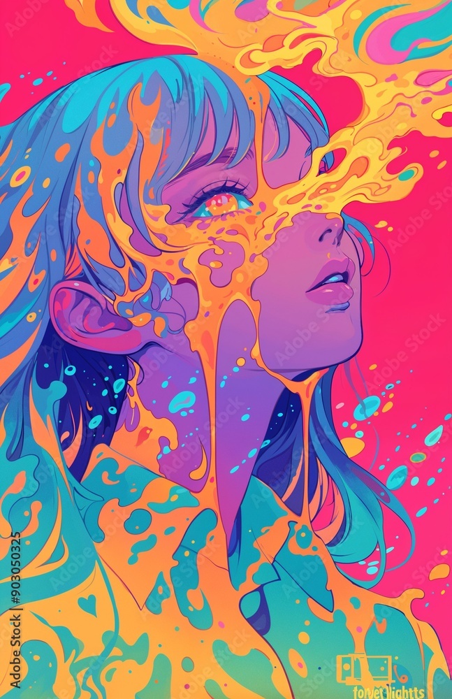 a graphical illustration of a woman with colorful vibes around her a graphical illustration of a woman with colorful vibes around her