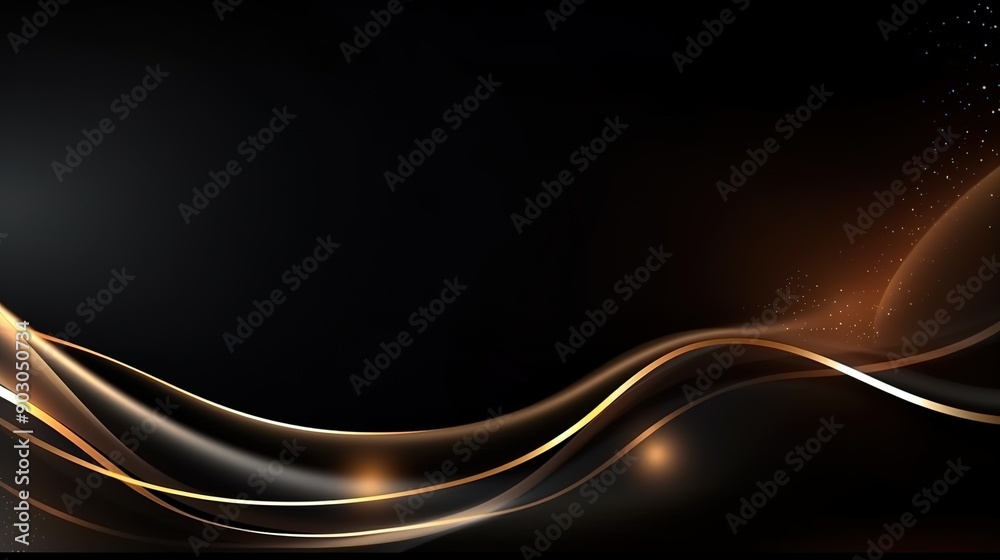 Fototapeta premium Abstract black and gold wavy background with light effects.