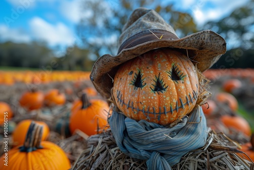 A Whimsical Scarecrow Surrounded by Colorful Pumpkins in a Sunny Fall Field photo