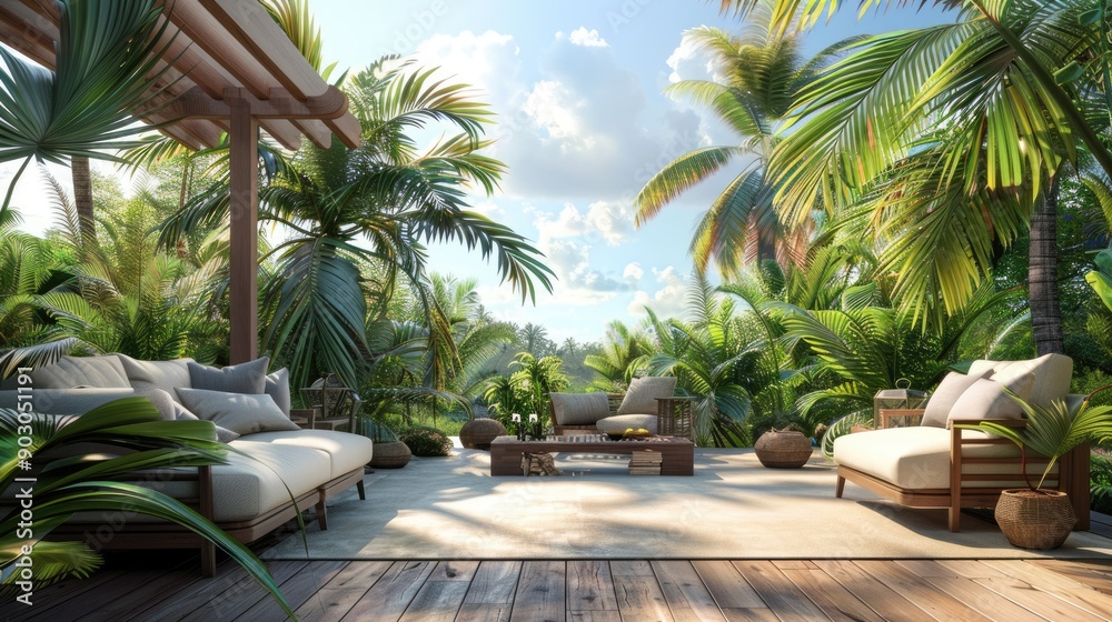 Fototapeta premium Back Yard Palm Trees. Exotic Palm Trees in a Terrace Garden with Outdoor Furniture on a Sunny Day