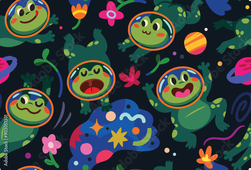 Seamless pattern with cute cartoon frogs astronauts in the space