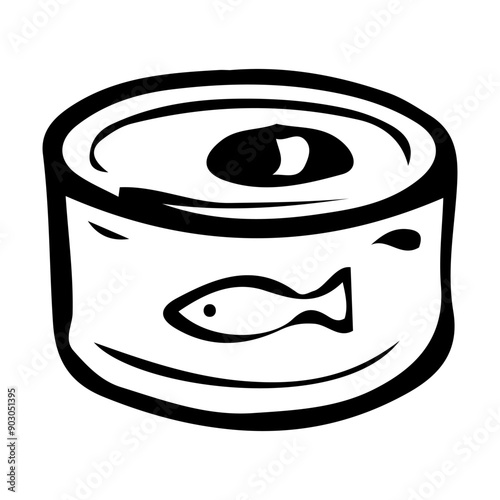 A can of canned tuna hand drawn in doodle style. Tourist camp food. Metal container with fish. Long-term storage of products. Vector line art illustration.