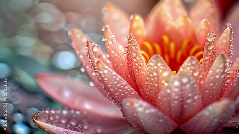 A close-up of a blooming lotus with dew drops reflecting the morning light A close-up of a blooming lotus with dew drops reflecting the morning light