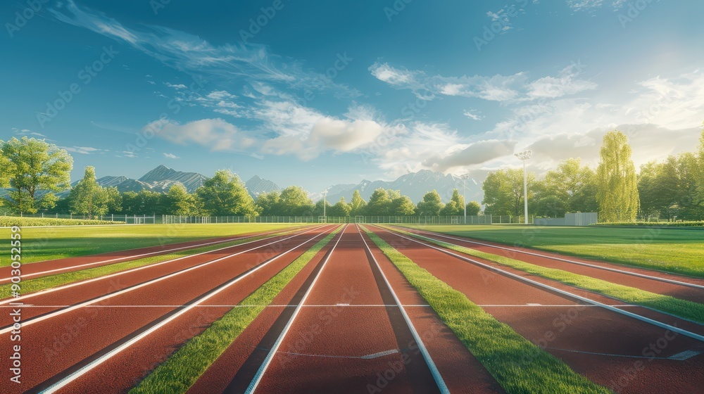A serene sports track with a view of running lanes and a clear, blue sky, offering a clean and motivational background A serene sports track with a view of running lanes and a clear, blue sky, offering a clean and motivational background