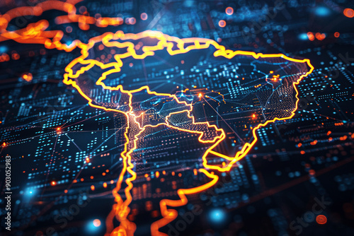 3D Render of Glowing Digital Map of Brazil with Orange and Blue Highlights