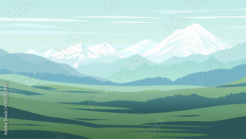 Serene mountain landscape vector illustration. Snow-capped mountains, hills and beautiful green open fields. Calm scenery and refreshing atmosphere. Clear sky with clouds.
