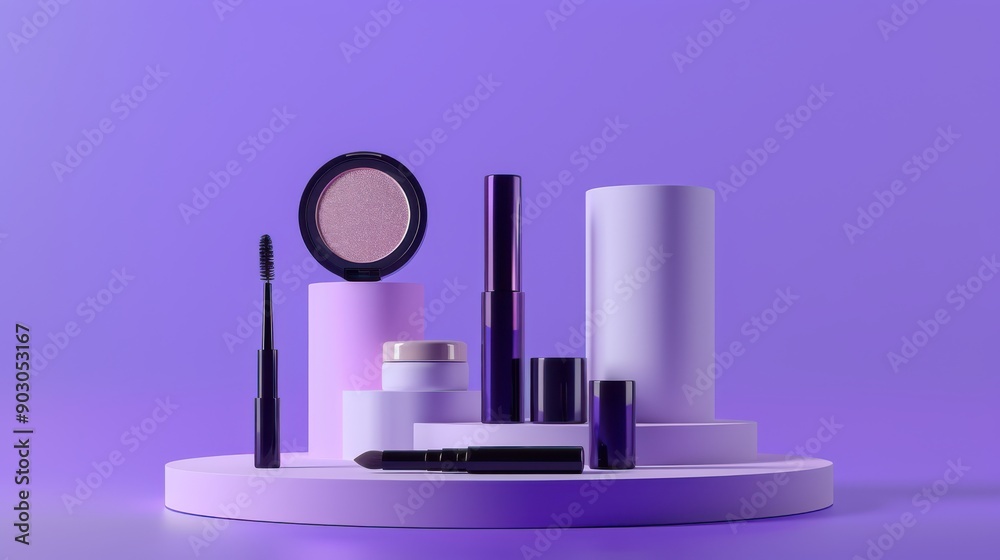 A set of stylish makeup products displayed on a purple background, perfect for beauty and cosmetic promotions. A set of stylish makeup products displayed on a purple background, perfect for beauty and cosmetic promotions.