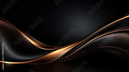 Abstract black and gold wavy background with dots.