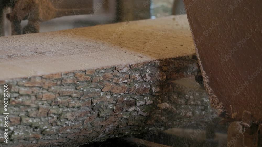 At the sawmill, a saw cuts brown wood. Tree bark and old rusty saw. Close-up. Work at the sawmill. Dust flies from wood and wood chips. At the sawmill, a saw cuts brown wood. Tree bark and old rusty saw. Close-up. Work at the sawmill. Dust flies from wood and wood chips.