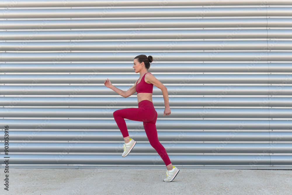 sporty woman running, urban background wearing red sports clothing. sporty woman running, urban background wearing red sports clothing.