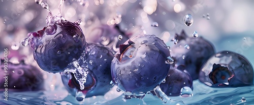 Whole blueberries falling into water, showcasing aesthetic complexity and beautiful colors. Purple textured blueberries in clear water, highlighting incomparable freshness.