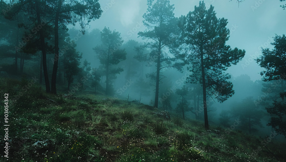 Fototapeta premium A tranquil and misty morning in a foggy forest, conveying a sense of peaceful solitude and natural beauty.
