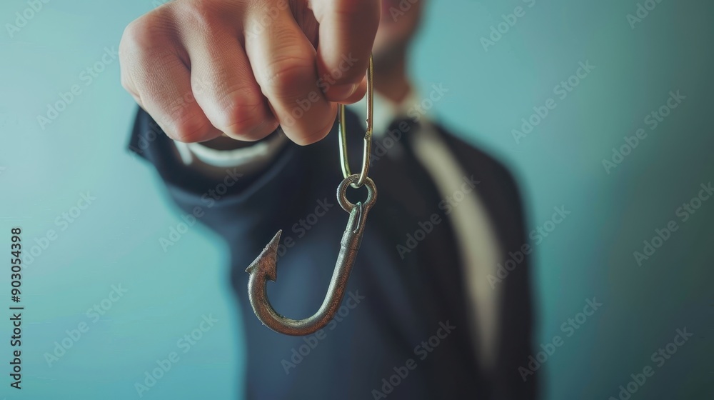 Man hand holding a fishing hook with a key ring attached, set against a blurred teal background Man hand holding a fishing hook with a key ring attached, set against a blurred teal background