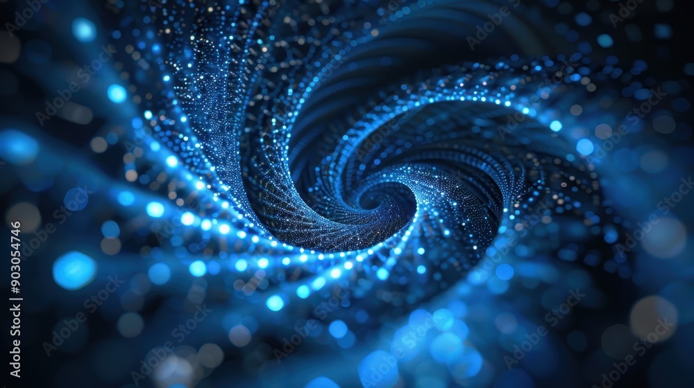Digital abstract with a spiral pattern, characterized by a deep blue color palette, glowing particles, and a bokeh effect Digital abstract with a spiral pattern, characterized by a deep blue color palette, glowing particles, and a bokeh effect