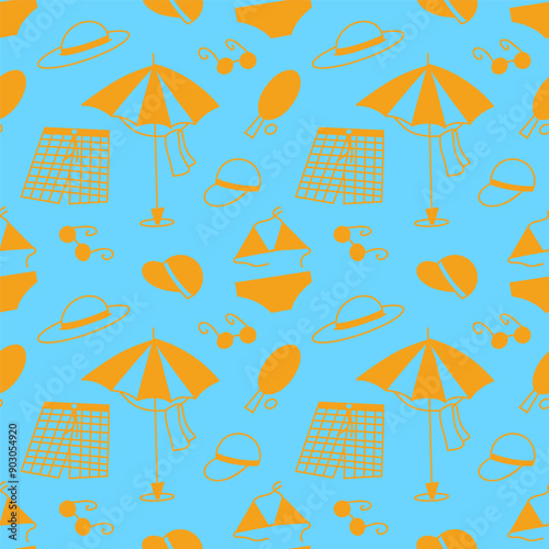 Holiday summer  beach accessories seamless pattern. Hand drawn vector elements on the blue background.
