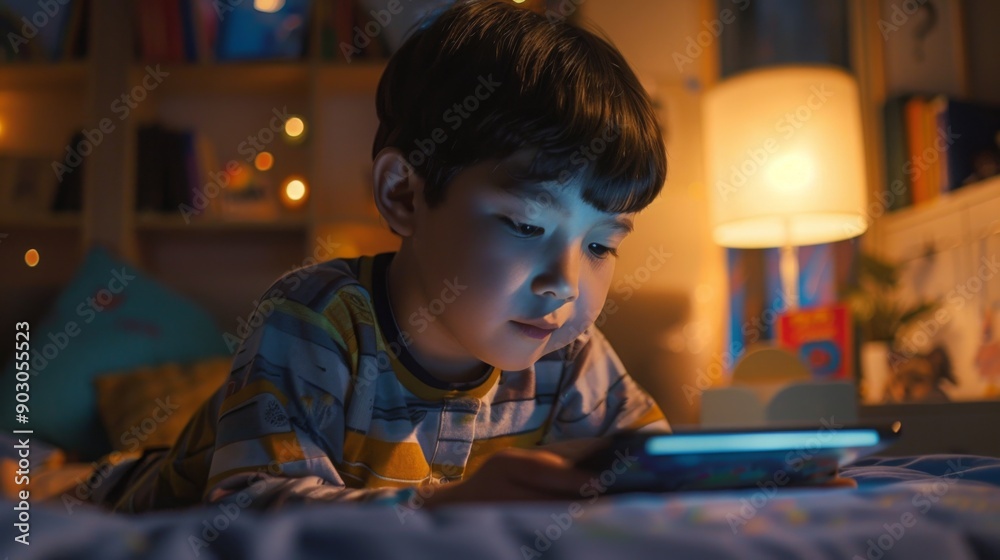 A young boy is lying on his bed at night, absorbed in his smartphone, surrounded by soft lighting and cozy decor. A young boy is lying on his bed at night, absorbed in his smartphone, surrounded by soft lighting and cozy decor.