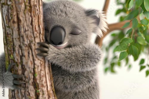 A cute koala hugging a tree, surrounded by lush greenery, showcasing the adorable charm of wildlife in its natural habitat. photo