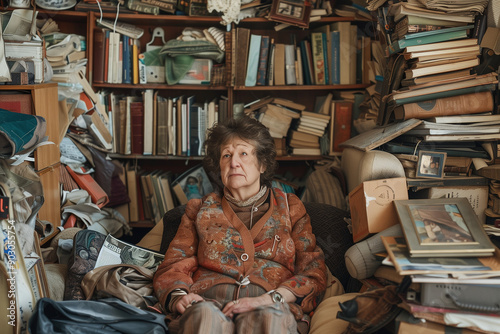 depiction of an old lady suffering from hoarding disorder