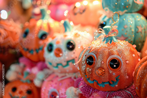 Glittery and Colorful Decorative Halloween Pumpkin Figurines Displayed at a Holiday Store, Illuminated for Festive Appeal