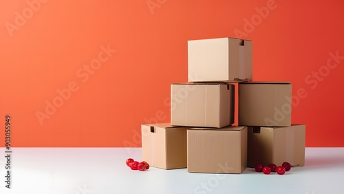 Stacked pile cardboard boxex in minimalistic composition on white plain background symbolizing moving or storage organization photo