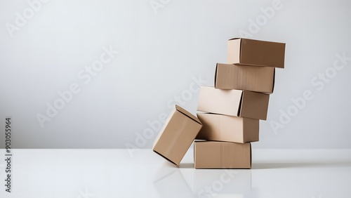 Stacked pile cardboard boxex in minimalistic composition on white plain background symbolizing moving or storage organization photo