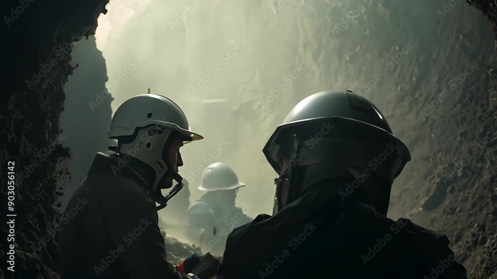 Three Rescuers Navigate Dark Tunnel During Crisis Operation for Survivors in Danger Three Rescuers Navigate Dark Tunnel During Crisis Operation for Survivors in Danger