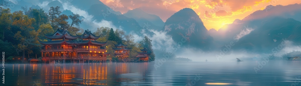 Traditional Chinese Architecture at Sunset on a Misty Lake. Traditional Chinese Architecture at Sunset on a Misty Lake.
