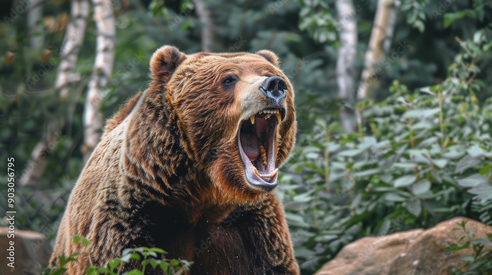 Fototapeta premium Bear Roaring. Angry Grizzly Behind Bush in Wild Nature Habitat