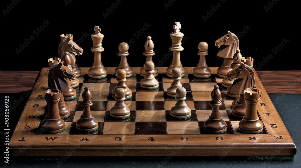 Chessboard with Wooden Pieces in a Dramatic Setting Chessboard with Wooden Pieces in a Dramatic Setting