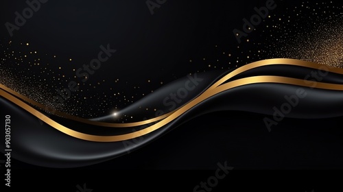 Abstract black and gold background with flowing lines and glitter.