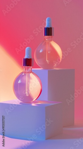 Two spherical glass dropper bottles on white geometric pedestals with colorful lighting.