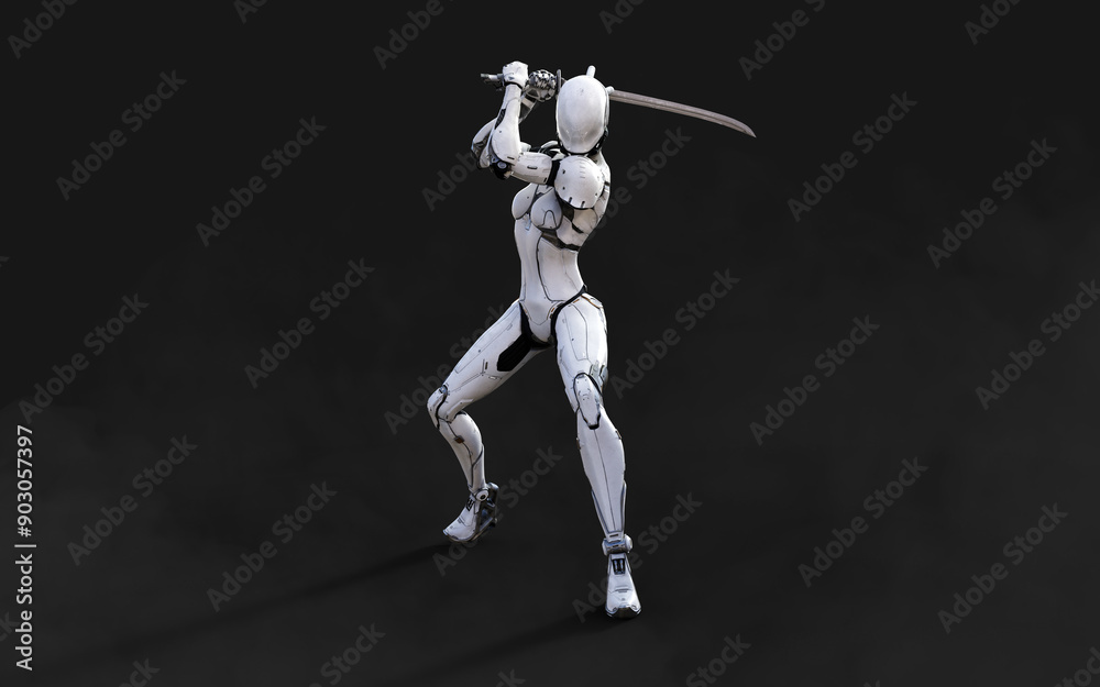 3d illustration of A woman cyborg ninja pose with katana sword on black background with Clipping Path.