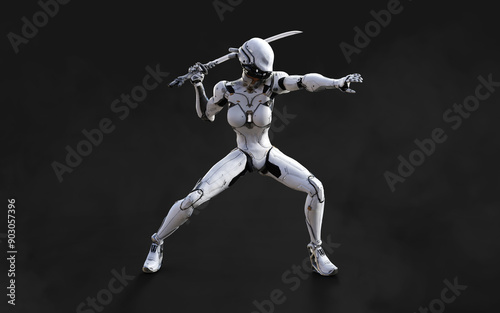 3d illustration of A woman cyborg ninja pose with katana sword on black background with Clipping Path. photo