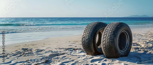 Car tires on a sandy beach, versatile use, adventure travel