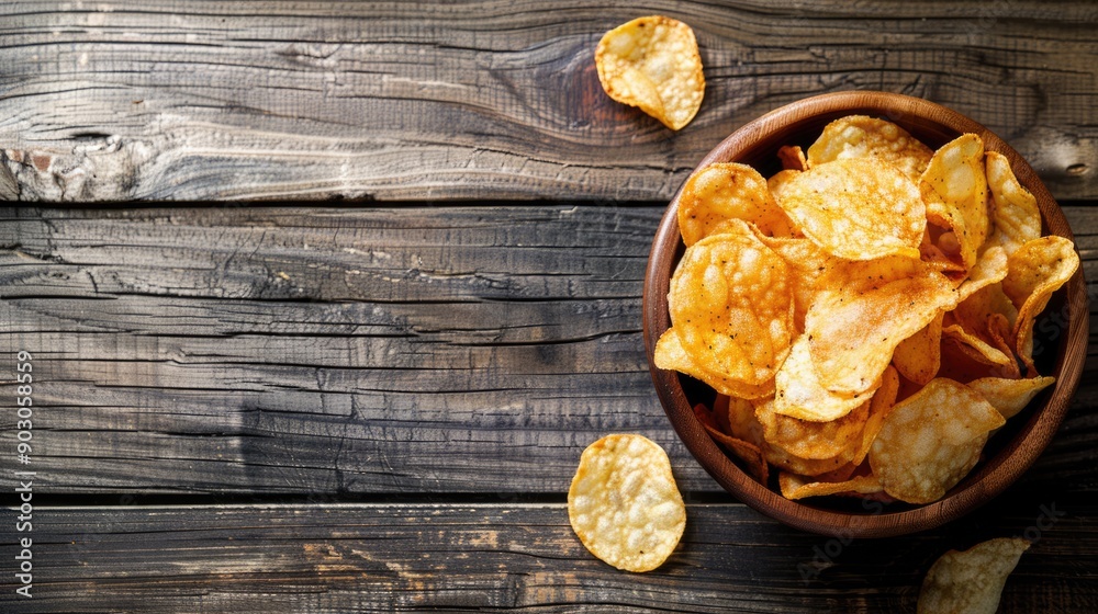 Kettle Chips on Rustic Wooden Background. Crispy Baked Potato Chips in Country-Style Bowl Kettle Chips on Rustic Wooden Background. Crispy Baked Potato Chips in Country-Style Bowl