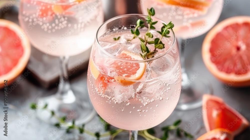 A vibrant shot of three gin glasses garnished with grapefruit slices and herbs, served over ice, creating a sophisticated and refreshing atmosphere for social gatherings. A vibrant shot of three gin glasses garnished with grapefruit slices and herbs, served over ice, creating a sophisticated and refreshing atmosphere for social gatherings.