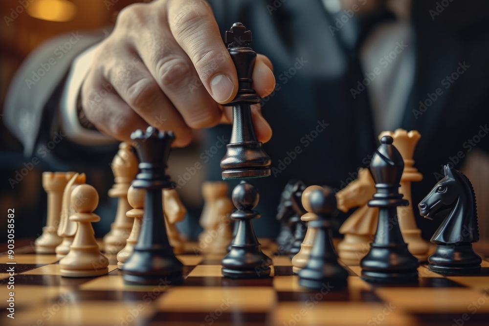 A close-up shot of a player's hand making a strategic move on a chessboard, with focus on the black king piece. A close-up shot of a player's hand making a strategic move on a chessboard, with focus on the black king piece.
