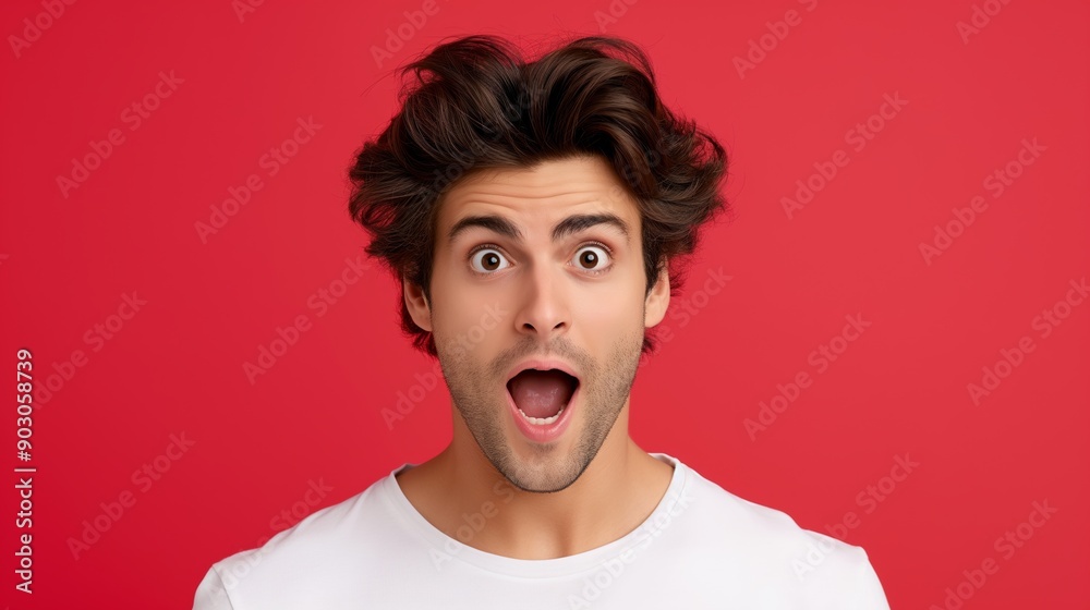A man with a surprised expression on his face. He is wearing a white shirt and has messy hair