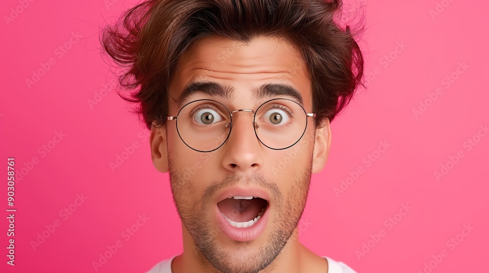 A man with glasses and a surprised expression on his face. Concept of surprise and shock A man with glasses and a surprised expression on his face. Concept of surprise and shock