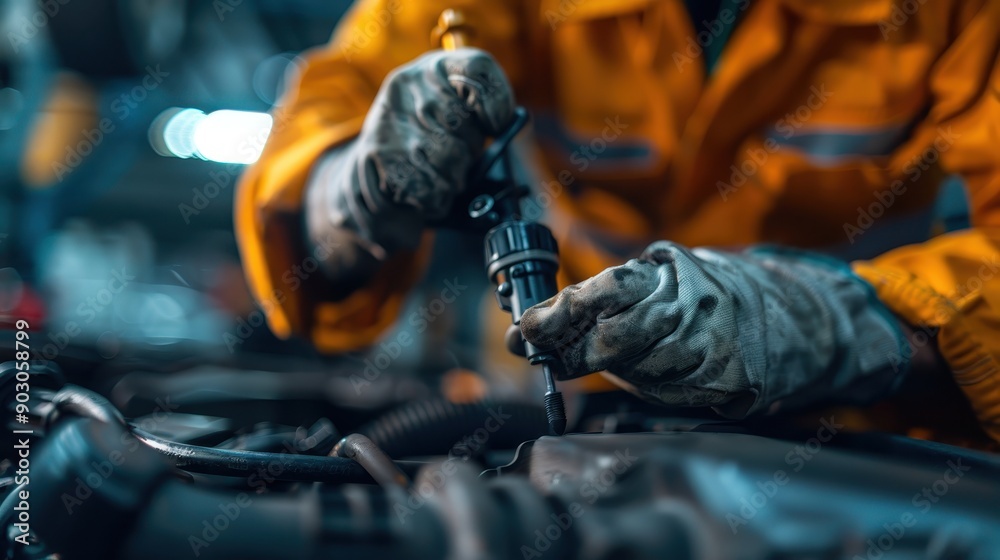 A mechanic in protective clothing and gloves is shown working meticulously under the hood of a car, focusing on engine repair or maintenance in a professional auto repair shop. A mechanic in protective clothing and gloves is shown working meticulously under the hood of a car, focusing on engine repair or maintenance in a professional auto repair shop.