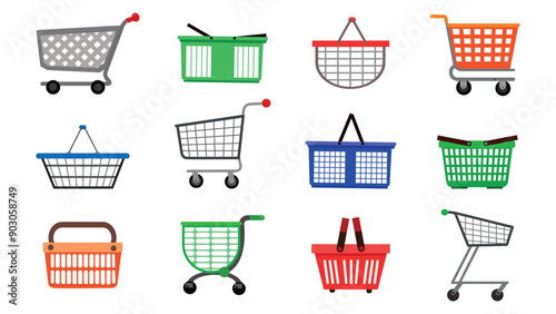 Tableau sur toile Set colorful, modern baskets and shopping carts in cartoon style