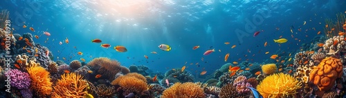 Underwater Coral Reef with Sunbeams.